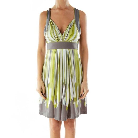 BCBG MaxAzria Green Gray Striped V-neck Day Dress - Picture 1 of 3